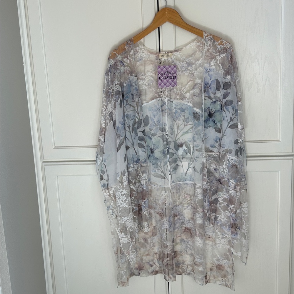 Brittany Black Floral Sheer Kimono Duster - Blue and Gray Size M